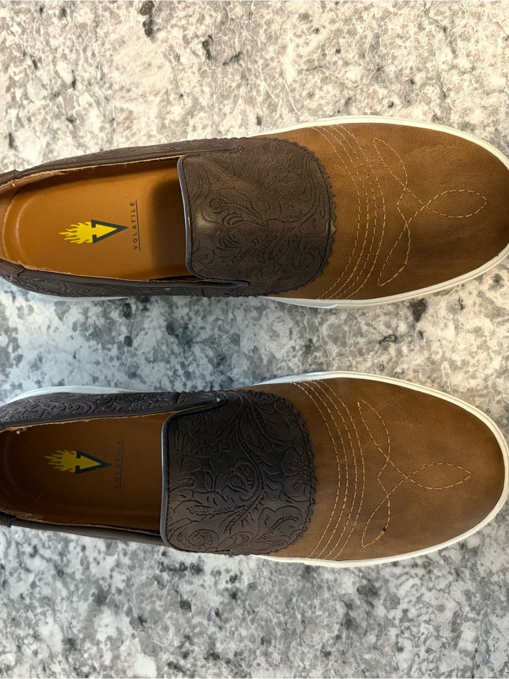 Volatile women’s Brown Slip-On Loafers with Dark Brown Embossed Vamp